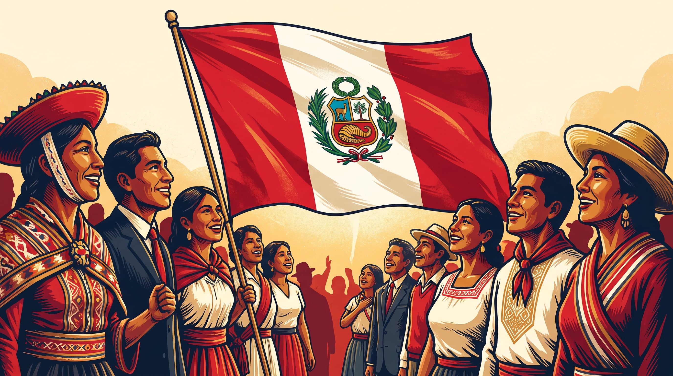 Una ilustración editorial celebra los 205 años de la independencia del Perú, con peruanos vestidos con trajes tradicionales mirando la bandera nacional y su escudo. (Imagen Ilustrativa Infobae)
