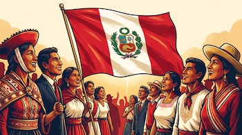 Ilustración de personas peruanas con vestimenta tradicional y formal observando una bandera de Perú ondeando con el escudo nacional en el centro.