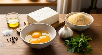 Bloque de tofu, tazón con tres huevos, tazón con pan rallado, cabeza de ajo, manojo de perejil, sal, granos de pimienta y vaso con aceite sobre tabla de madera.