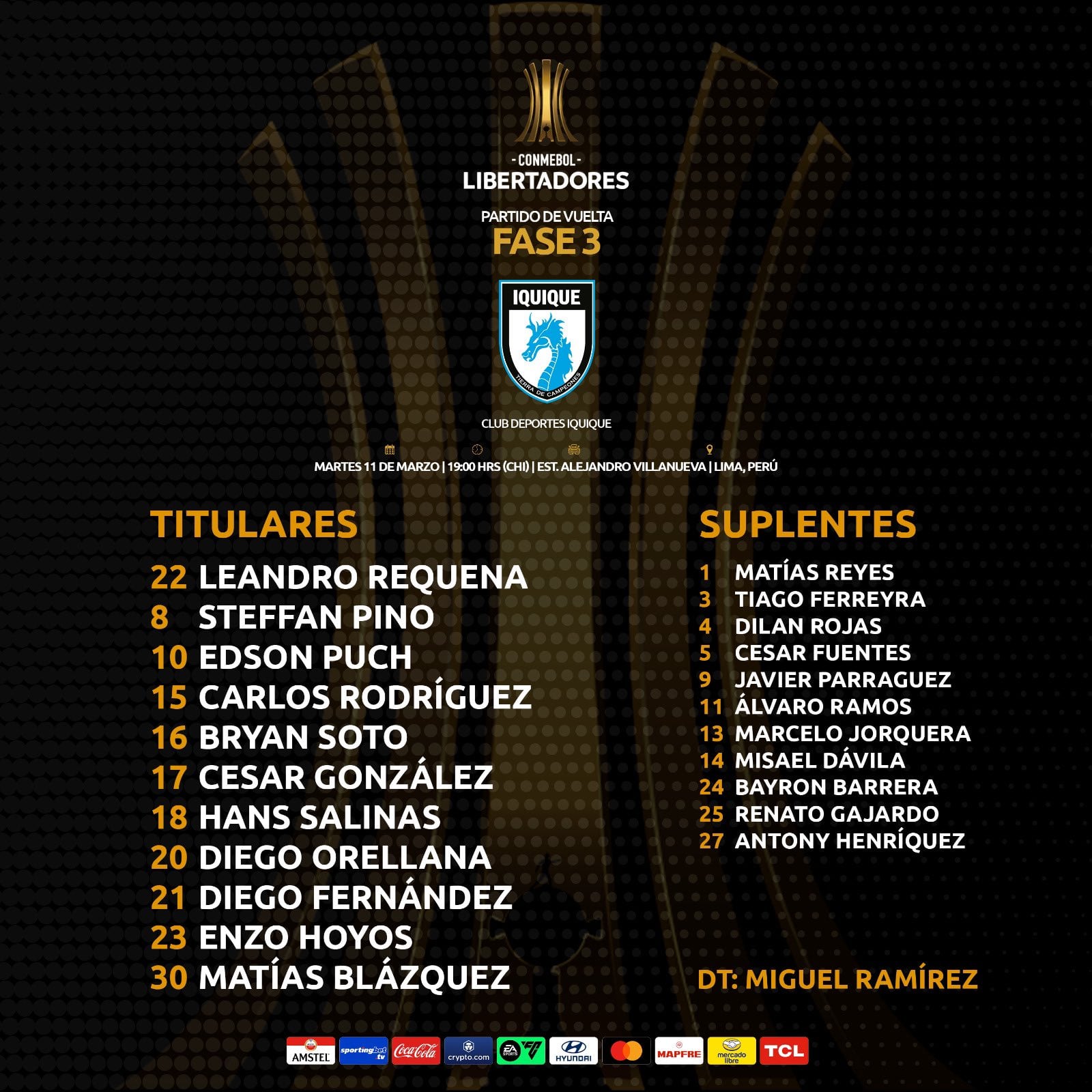 Once de Deportes Iquique ante Alianza Lima por vuelta de la Copa Libertadores 2025.