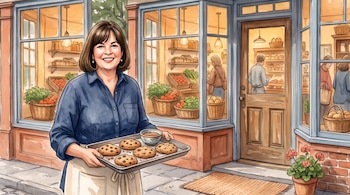 Ilustración de una mujer con delantal que sostiene una bandeja metálica con galletas frente a una panadería con escaparates.
