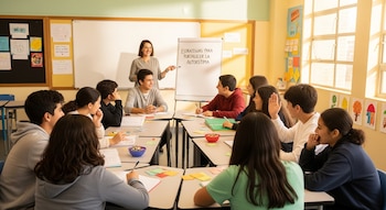 Profesora sonriente con estudiantes en un aula. Pizarrón: 'Estrategias para fortalecer la autoestima'. Jóvenes sentados en mesas participan en la actividad.