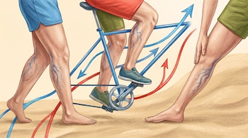 Tres pares de piernas humanas con venas visibles, uno caminando, otro en bicicleta y otro de pie. Flechas rojas y azules indican la dirección del flujo.