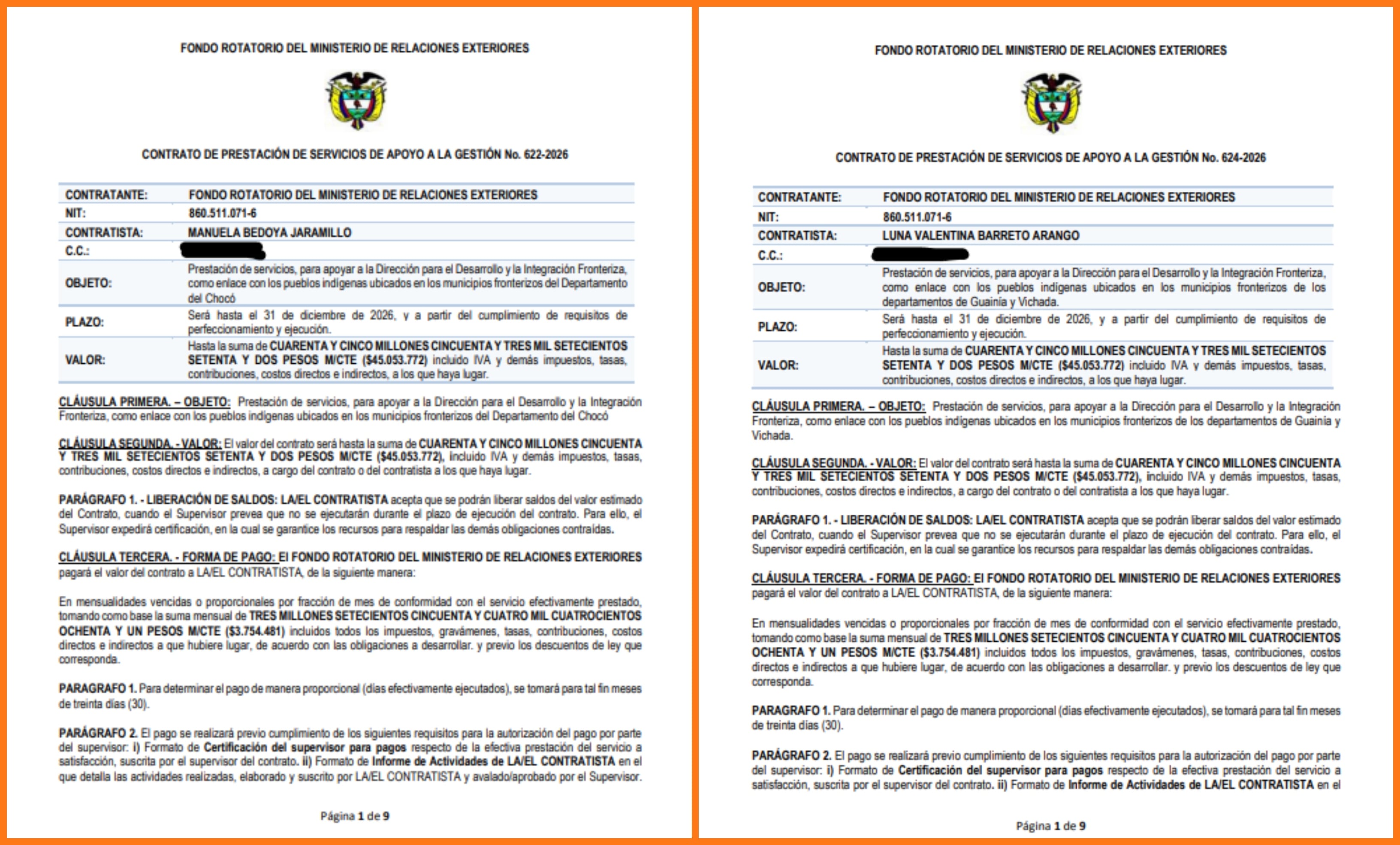 Las jóvenes contratadas asumieron tareas de enlace con comunidades indígenas en municipios fronterizos de Chocó, Guainía y Vichada - crédito Secop