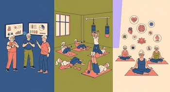Ilustración plana de un gimnasio con tres áreas: adultos consultando pantallas de actividad, personas haciendo ejercicio con equipo y otros meditando con iconos de bienestar.