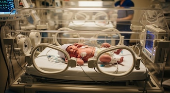 Un bebé recién nacido duerme en una incubadora transparente, conectado a cables y sensores médicos, con monitores a su alrededor.