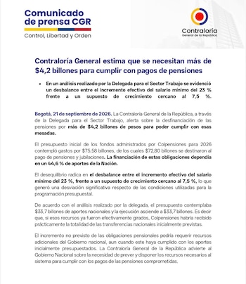 La Contraloría alertó sobre un faltante superior a $4,2 billones en los recursos necesarios para atender las obligaciones pensionales de Colpensiones durante el cierre de 2026 - crédito @CGR_Colombia/X