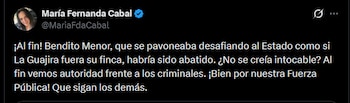 María Fernanda Cabal también felicitó a las autoridades por dar de baja a "Bendito Menor" - crédito @MariaFdaCabal/X
