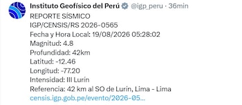 El sismo tuvo como epicentro a Lurín - Créditos: @igp_peru.