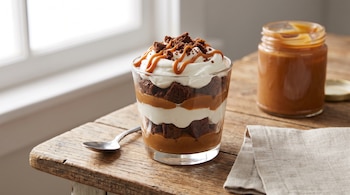 Un vaso con capas de dulce de leche, brownie y crema batida, una cuchara, una servilleta y un frasco de dulce de leche sobre una mesa de madera.