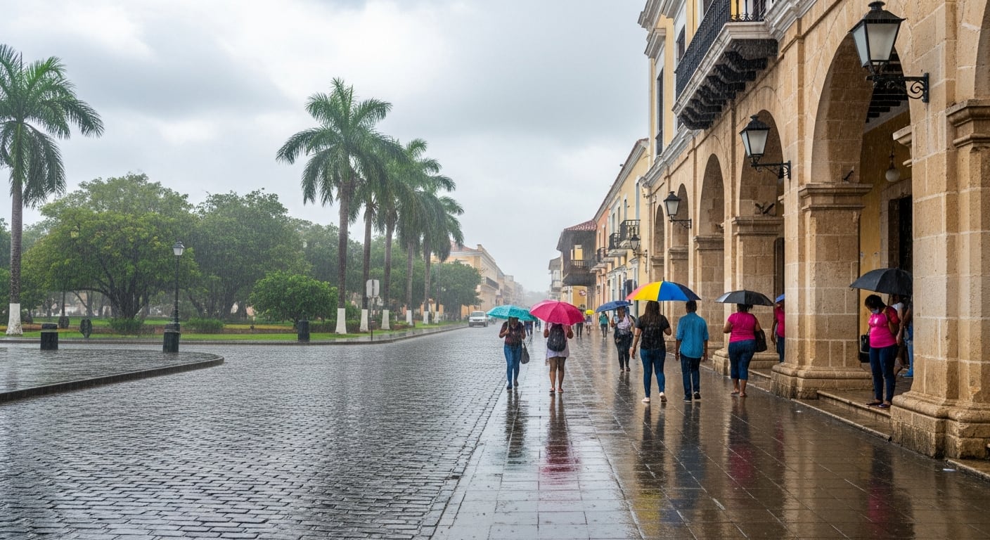 Varias personas caminan con paraguas por una calle de adoquines mojada por la lluvia en Santo Domingo, flanqueada por edificios con arcos y palmeras. (Imagen Ilustrativa Infobae)