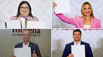 Cuatro fotografías de dos mujeres y dos hombres que sonríen y sostienen un documento blanco en blanco, con fondo de patrón geométrico.