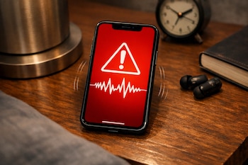 Un iPhone con pantalla roja que muestra un signo de exclamación y un gráfico de ondas, sobre una mesa de noche junto a un reloj y auriculares.