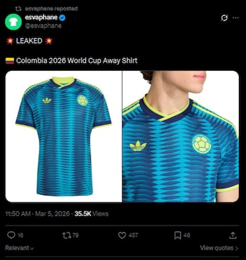 La página especializada en indumentaria deportiva publicó fotos filtradas de lo que sería la segunda camiseta de la Tricolor para la cita mundialista-crédito @esvaphane/X