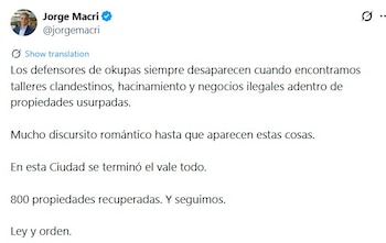 Captura de pantalla de un tuit de Jorge Macri que contiene su foto de perfil y texto sobre la recuperación de propiedades, talleres clandestinos y ley y orden