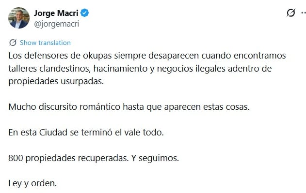 El jefe de Gobierno de la Ciudad, Jorge Macri, publicó un tuit cuestionando a quienes defienden a