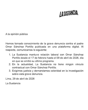 Comunicado oficial de La Sustancia sobre la desvinculación de Omar Sánchez Portillo, publicado el 29 de abril de 2026.