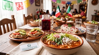 Platos con pozole, tostadas y chile en nogada en una mesa decorada, junto a una tarjeta blanca con el logotipo del IMSS.