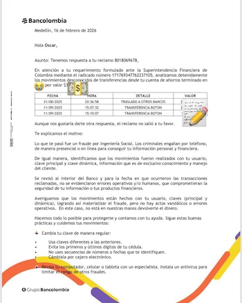 Respuesta oficial de Bancolombia -