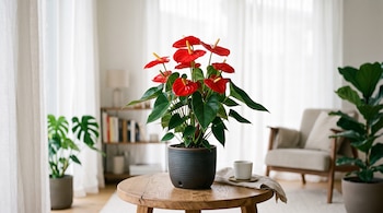 Una planta de anthurium con flores rojas y hojas verdes en una maceta sobre una mesa redonda de madera en una habitación.