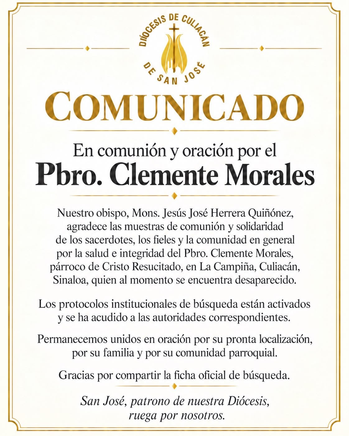 Padre Clemente Morales desapareció en Culiacán el sábado 24 de octubre. (Redes sociales)