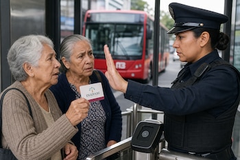 Una policía extiende la mano hacia dos mujeres mayores que sostienen una credencial frente al torniquete de un autobús rojo.