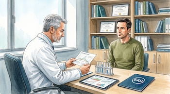 Un médico y un paciente sentados frente a un escritorio con tubos de ensayo, una tableta mostrando gráficos y una carpeta con el logo EAU. Hay una ventana y estanterías con libros.