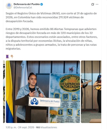 Según los registros de la Unidad de Búsqueda de Personas dadas por Desaparecidas, con corte al 21 de agosto de 2026, el universo proyectado de personas desaparecidas en Colombia asciende a 137.000 ciudadanos - crédito @DefensoriaCol/X