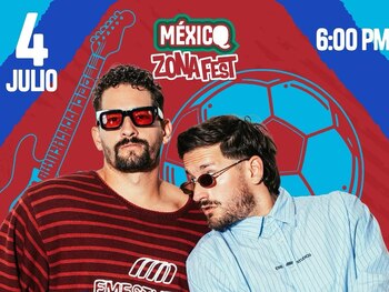 Póster con los artistas Mau y Ricky, los logos de México ZonaFest, una guitarra, un balón de fútbol, fechas de julio y horarios, y partidos de fútbol