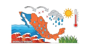 Mapa de México, océano con ondas rojas, flechas, cruces rojas, nubes con lluvia, sol, termómetro, pasto, gotas de lluvia con cruces y texto ANOMALCO WARMING.