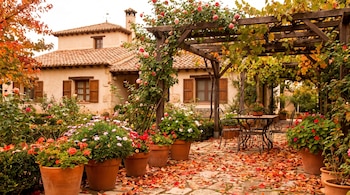 Jardín con casa al fondo, pérgola de madera, macetas con flores, mesa con sillas y hojas secas color naranja sobre un patio de piedra.