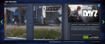 Captura de pantalla de la ficha del videojuego DayZ con imágenes promocionales, texto descriptivo y precio rebajado en pesos colombianos
