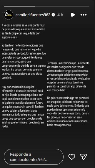 Cifuentes declaró en sus redes sociales que la relación sentimental finalizó porque dejó de ser sana para ambas partes - crédito @camilocifuentes962/Instagram