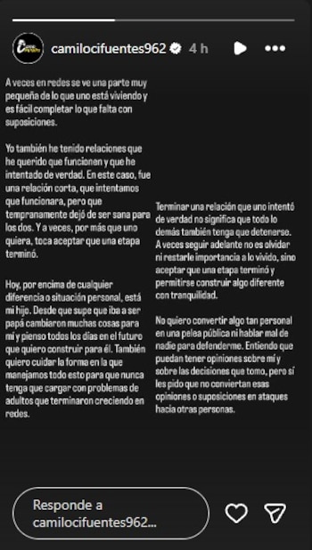 Cifuentes declaró en sus redes sociales que la relación sentimental finalizó porque dejó de ser sana para ambas partes - crédito @camilocifuentes962/Instagram