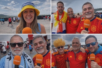 Collage de cuatro imágenes con personas. Se observan micrófonos Infobae, camisetas de la selección española, un sombrero a rayas, una bandera de España y una peluca amarilla.