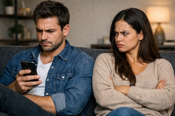 Un hombre y una mujer sentados en un sofá. El hombre mira un teléfono móvil, la mujer lo observa con expresión de enojo y los brazos cruzados.