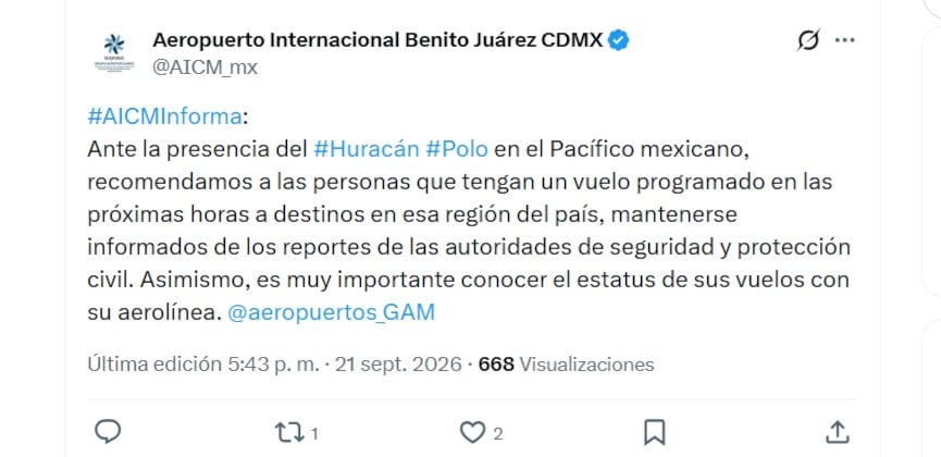 AICM en alerta por huracán Polo (X/ @AICM_mx)