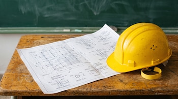 Casco amarillo de seguridad y plano de ingeniería desplegado sobre un pupitre de madera frente a un pizarrón verde.