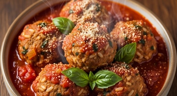 Primer plano de un plato hondo con albóndigas de arroz y carne humeantes en salsa de tomate, cubiertas con queso rallado y albahaca fresca.