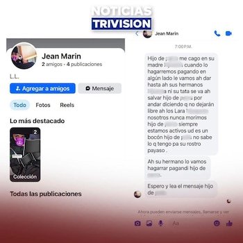 Captura de pantalla de uno de los mensajes amenazantes enviados a través de redes sociales, en los que se hace referencia directa a la familia del ministro de Justicia y a la organización criminal “Los Lara” (Cortesía: Trivisión).