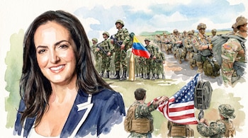 Ilustración en acuarela del rostro de María Fernanda Cabal junto a soldados colombianos y de Estados Unidos con sus banderas.