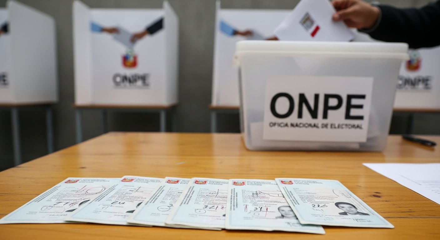 Documentos Nacionales de Identidad peruanos sobre una mesa de votación mientras un ciudadano deposita su voto en una urna de la ONPE durante una jornada electoral. (Imagen Ilustrativa Infobae)
