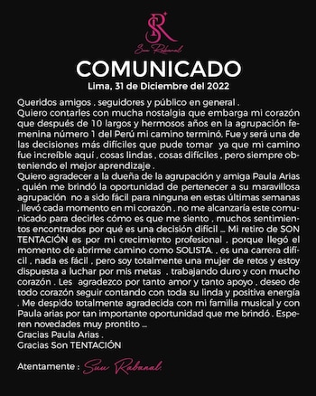 Comunicado de Suu Rabanal. (Instagram)