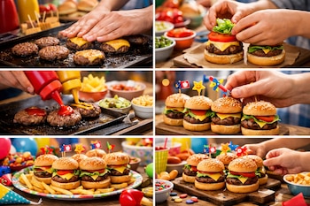 Collage visual del proceso de preparación de mini hamburguesas, incluyendo la cocción, adición de queso y salsas, montaje con vegetales, y su presentación festiva.
