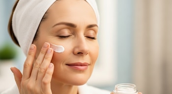 Primer plano de una mujer de mediana edad con una diadema blanca, aplicando crema blanca en su mejilla derecha con los ojos cerrados y una sonrisa sutil.
