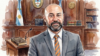 Ilustración en acuarela de un hombre calvo y barbudo con traje gris y corbata a rayas naranja, en un despacho judicial con banderas de Argentina y libros.