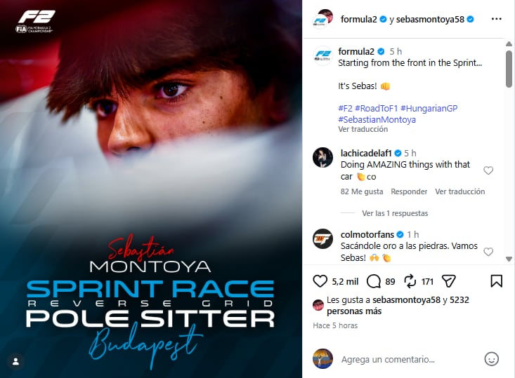 Debido a la regla de parrilla invertida, Sebastián Montoya saldrá desde la primera posición en la sprint de Hungaroring - crédito @sebasmontoya58/Instagram