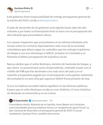 Gustavo Petro y su defensa del presupuesto de 2027