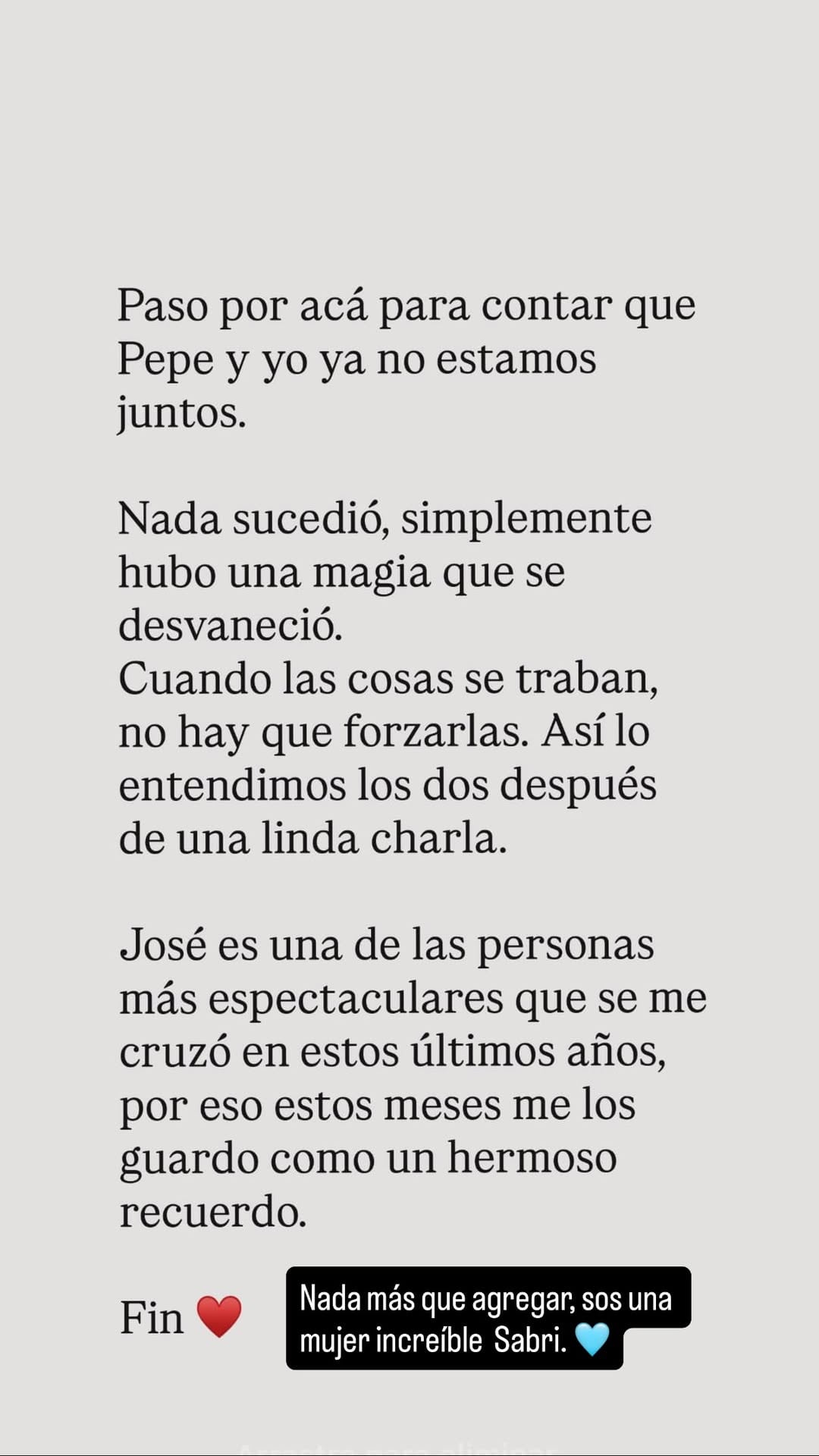 José “Pepe” Chatruc respondió en Instagram a la separación de Sabrina Rojas con el mensaje: “Nada más que agregar”