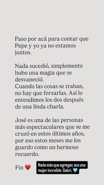 José “Pepe” Chatruc respondió en Instagram a la separación de Sabrina Rojas con el mensaje: “Nada más que agregar”